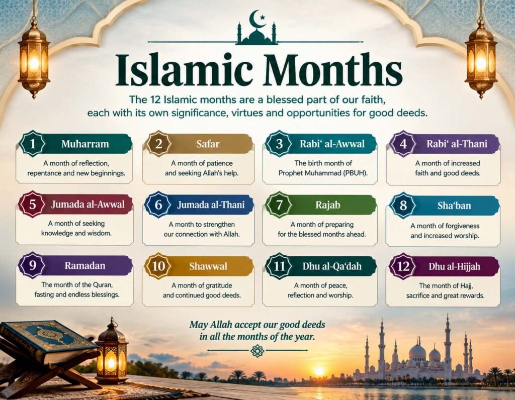 Islamic months in order on a Hijri calendar with a crescent moon